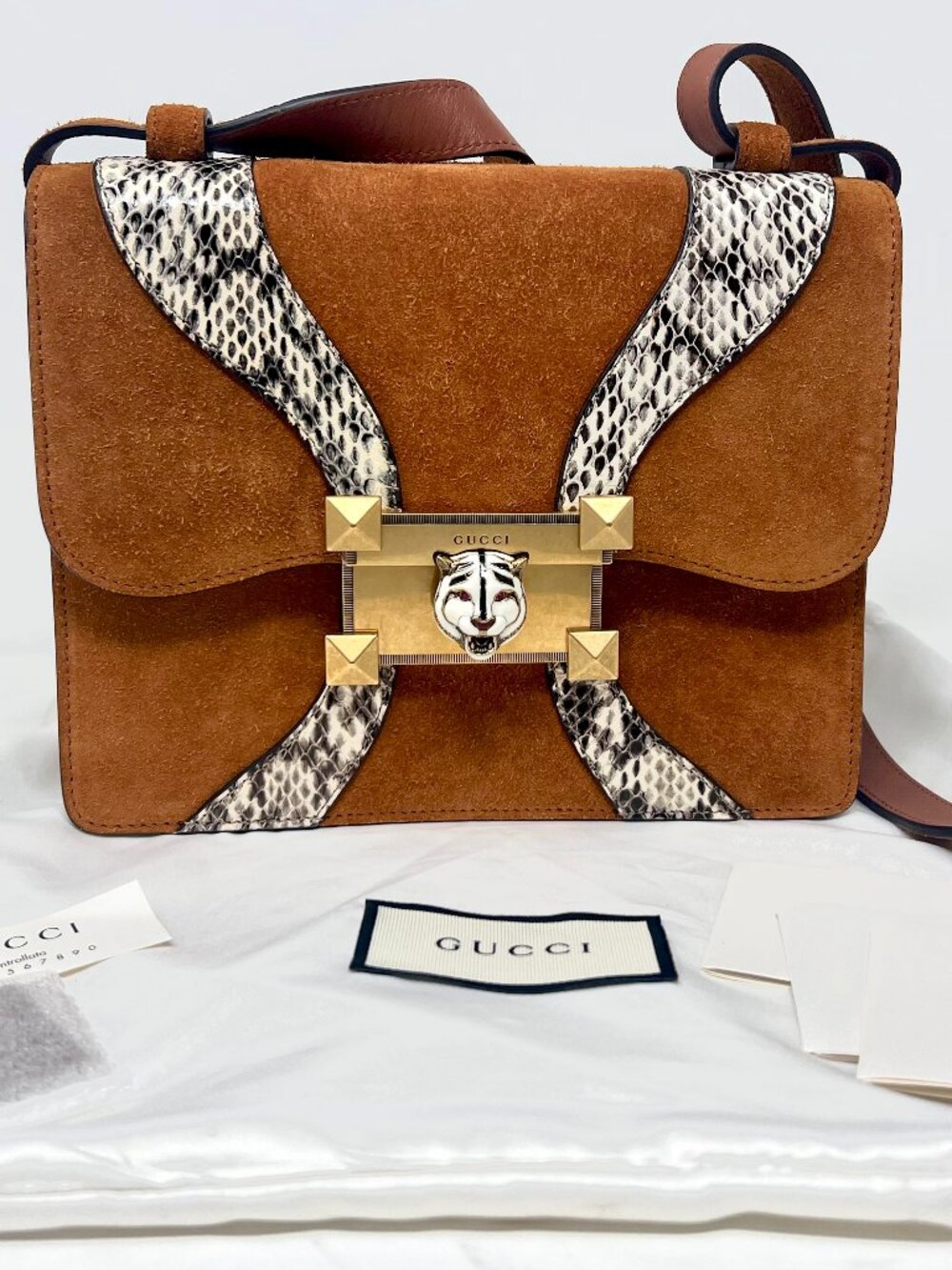 Gucci Osiride Medium Handbag Python & Suede Enamel Tiger-head in New Cuir Cognac